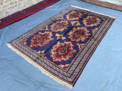 4'9" x 7'8" Vintage Afghan Hand-Knotted Baluchi Rug | Soft Wool Tribal Geometric Design | Blue Red Beige Rare 