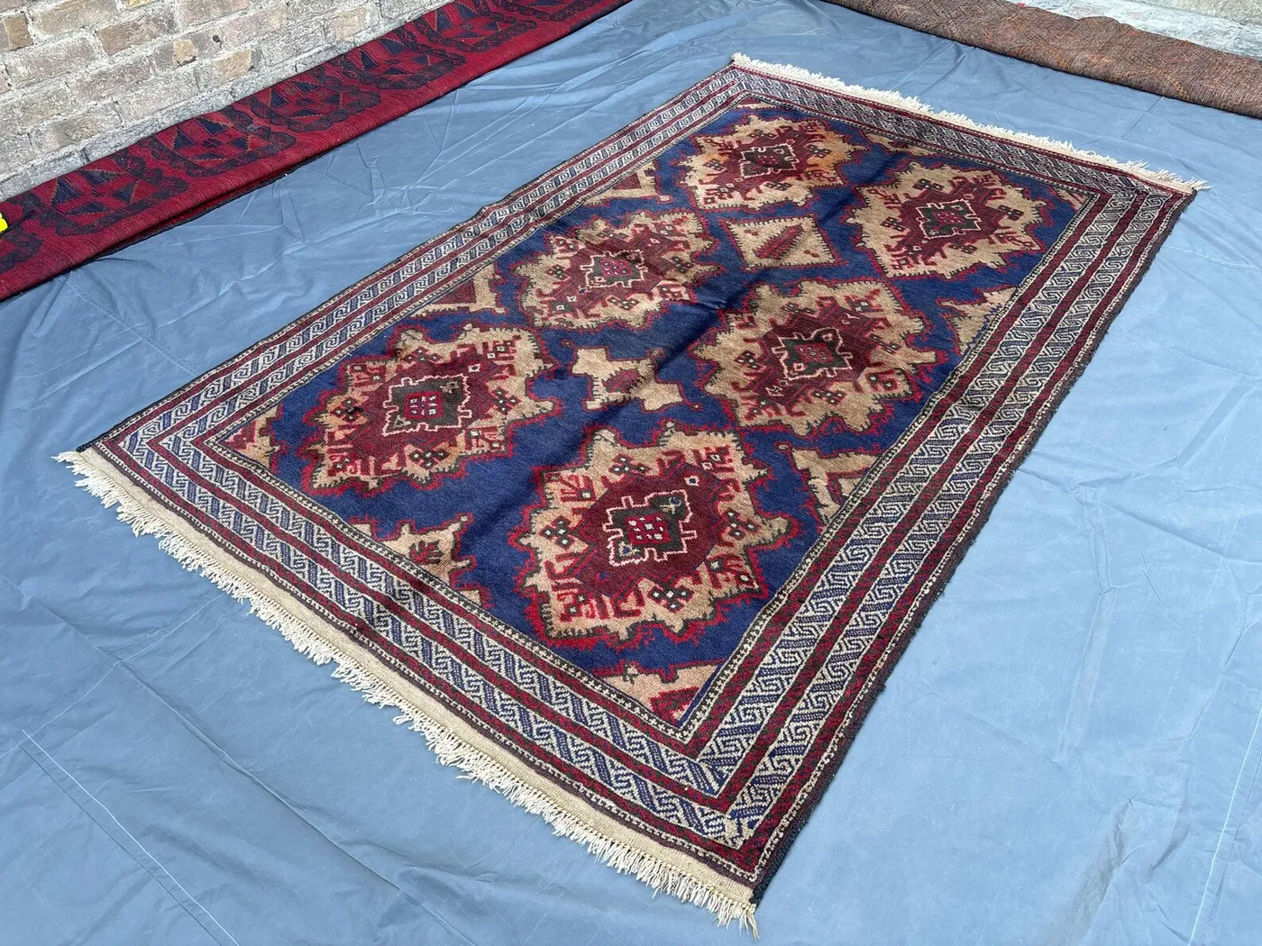 4'9" x 7'8" Vintage Afghan Hand-Knotted Baluchi Rug | Soft Wool Tribal Geometric Design | Blue Red Beige Rare Carpet | Living Room Rug Decor