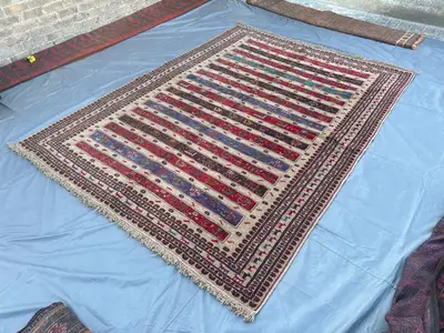 6'8" x 9'4" Afghan Hand-Knotted Baluchi Rug | Soft Wool Tribal Animal Tree Design | Multicolor Geometric Patte