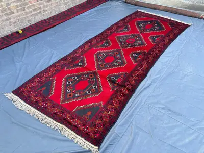Vintage Afghan Wide Runner | Hand-Knotted Baluchi Runner Rug | Red Black Tribal Geometric Wool Carpet | Soft P