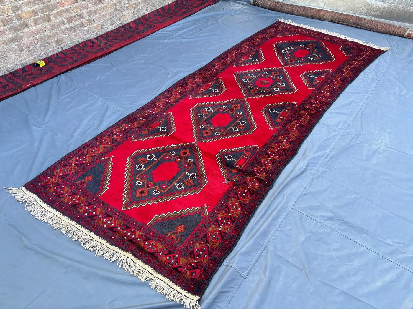 Vintage Afghan Wide Runner | Hand-Knotted Baluchi Runner Rug | Red Black Tribal Geometric Wool Carpet | Soft Pile Oriental Corridor Decor