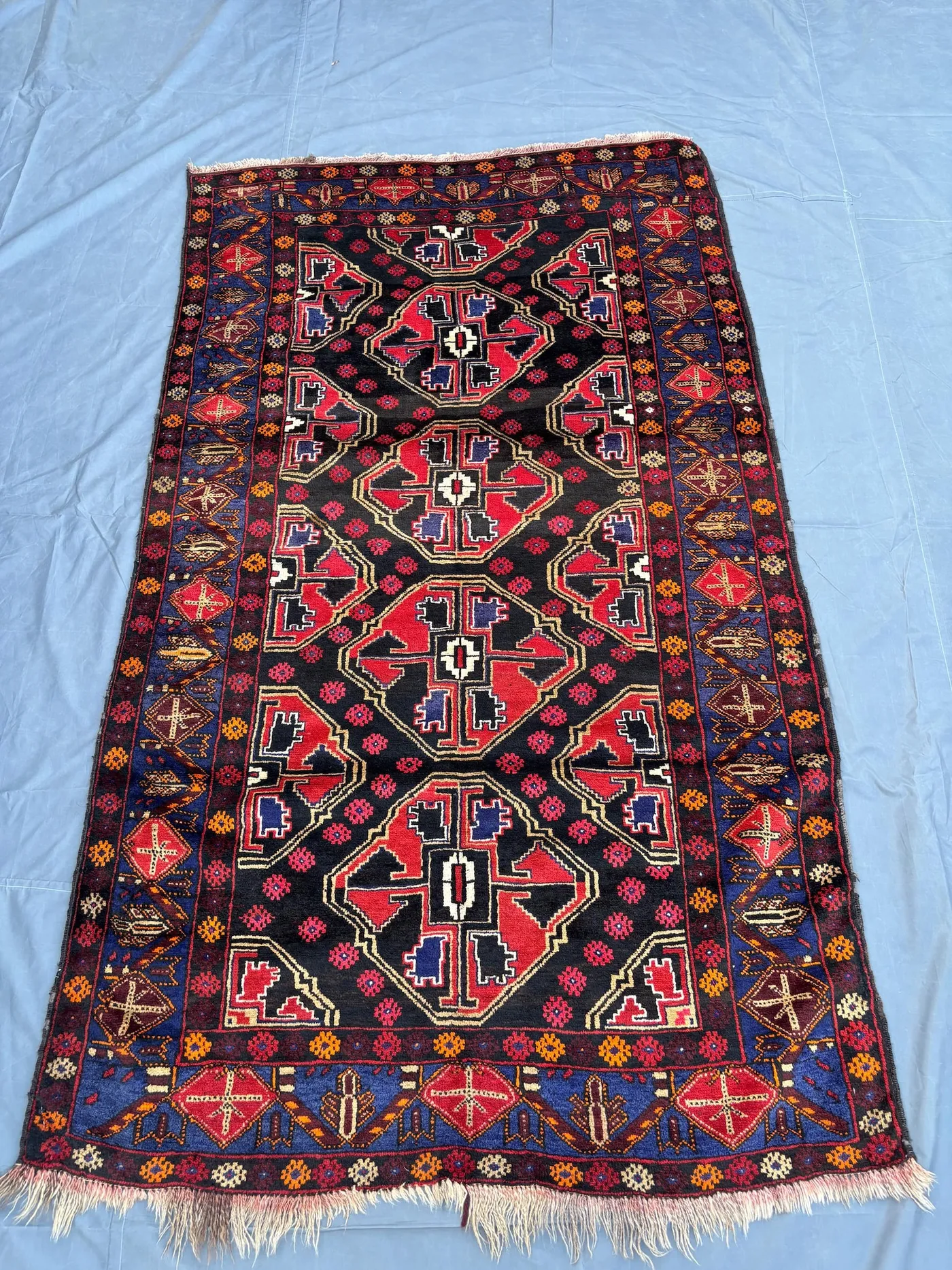 5' x 7'6 Vintage Afghan Rug | Hand-Knotted Baluchi Rug | Black Red Tribal Geometric Wool Carpet | Soft Pile Traditional Rug | Oriental Decor