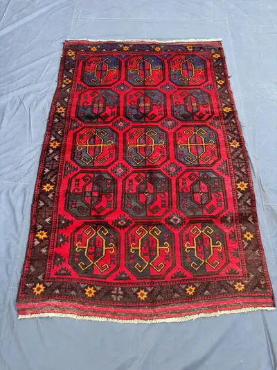 4'5" x 7'2 Ft Vintage Afghan Hand-Knotted Baluchi Rug | Red Black Geometric Pattern Wool Carpet | Rare Tribal 