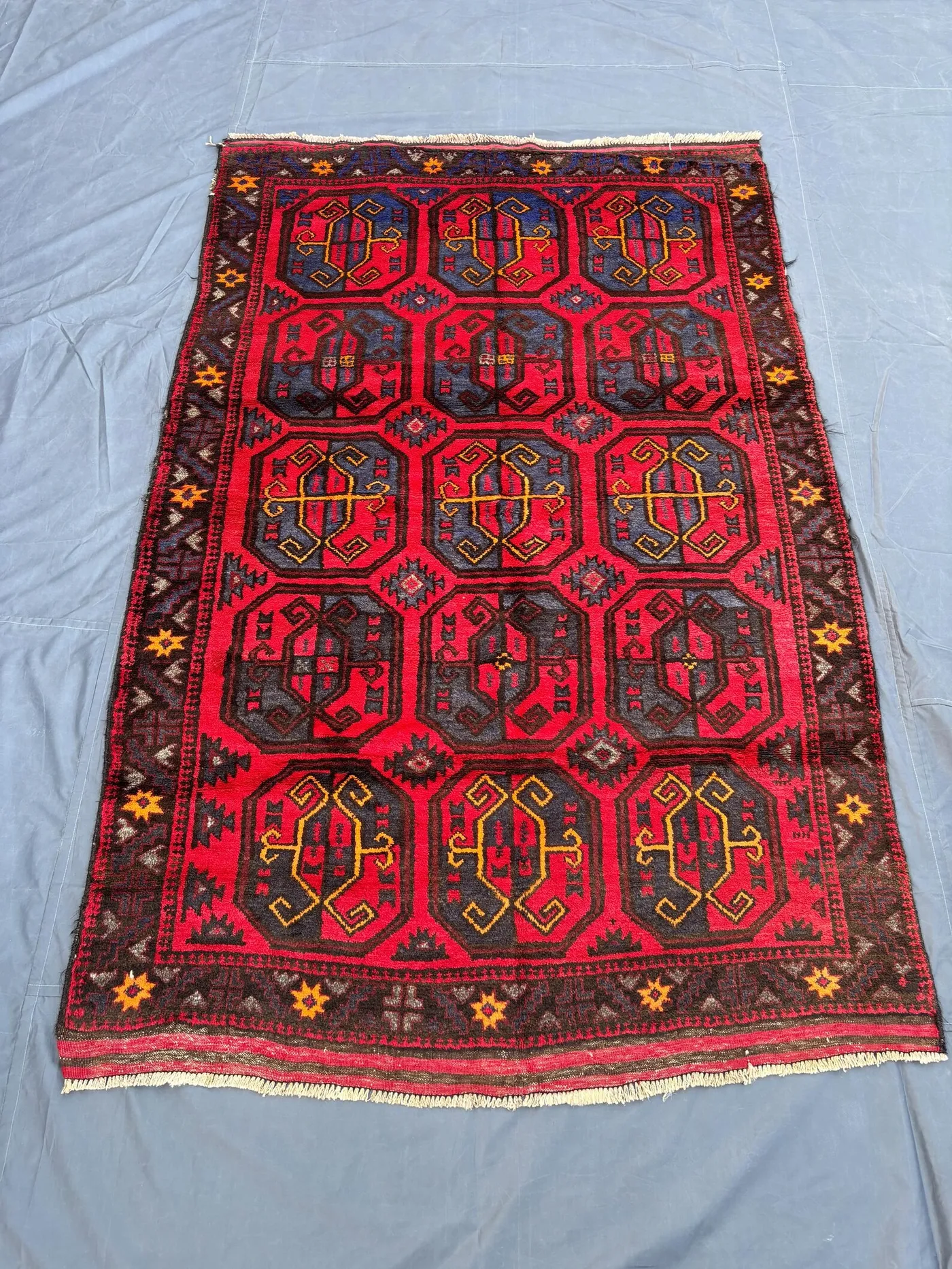 4'5" x 7'2 Ft Vintage Afghan Hand-Knotted Baluchi Rug | Red Black Geometric Pattern Wool Carpet | Rare Tribal Rug | Soft Pile Oriental Decor