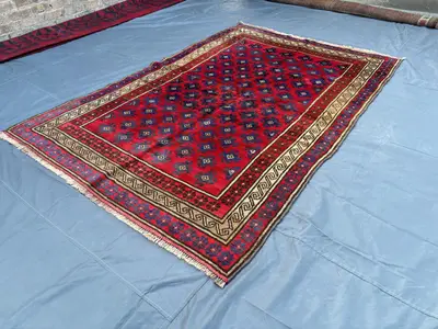 5 x 8 Vintage Afghan Hand-Knotted Baluchi Rug, Red Blue Tribal Geometric Wool Carpet, Authentic Nomadic Design