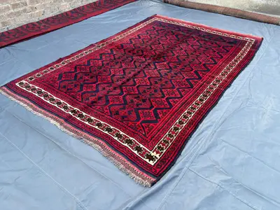 5'5" x 8'8" Vintage Afghan Hand-Knotted Rug | Baluchi Fine Rug | Red Black Tribal Geometric Wool Carpet | Soft