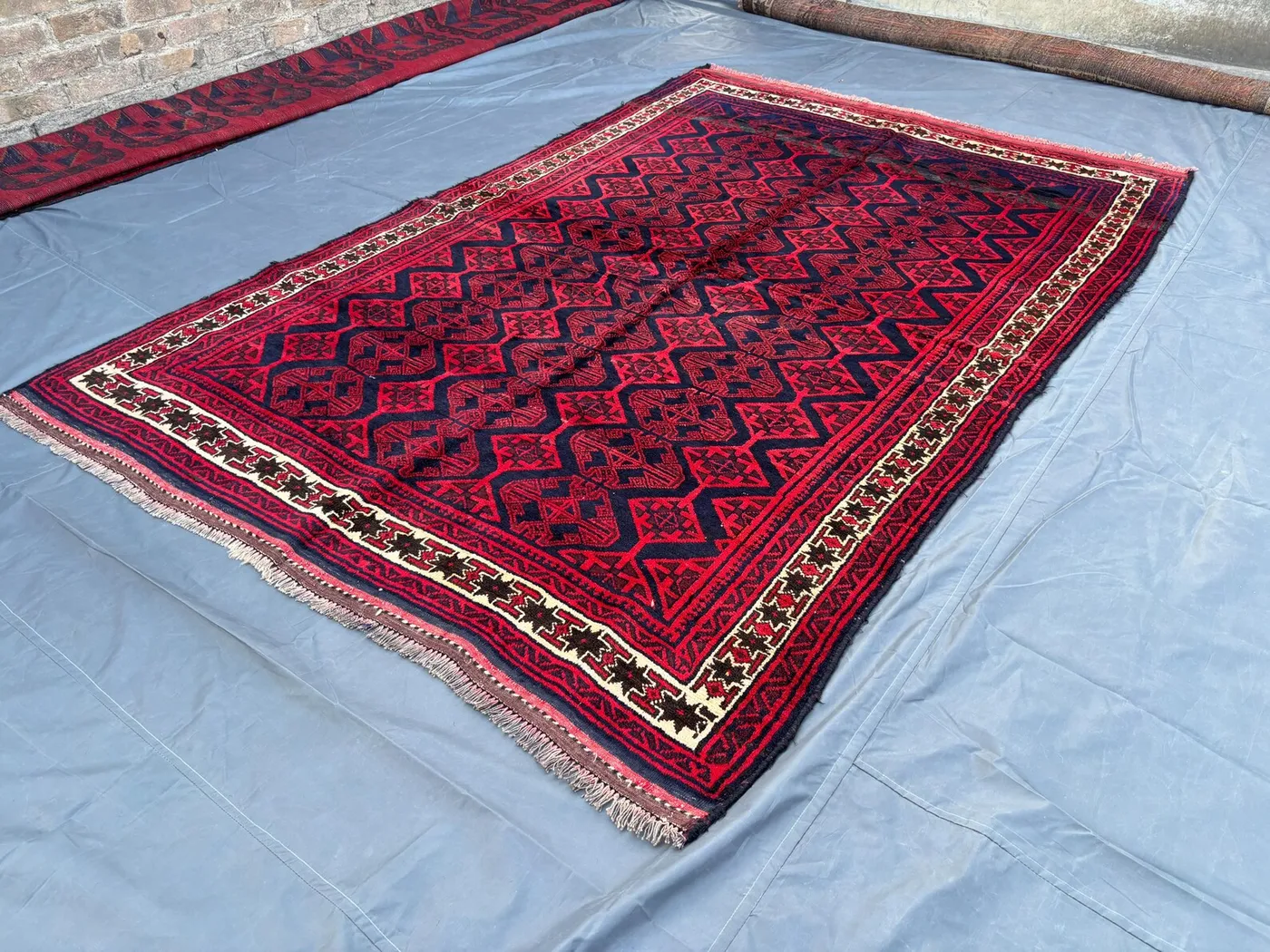5'5" x 8'8" Vintage Afghan Hand-Knotted Rug | Baluchi Fine Rug | Red Black Tribal Geometric Wool Carpet | Soft Pile Oriental Living Room Rug