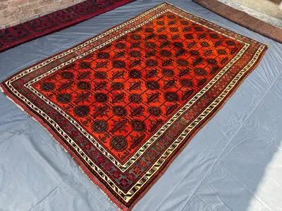 5'2 x 9'9 ft Vintage Afghan Baluchi Fine Rug | Red Orange Brown Geometric Hand-Knotted Oriental Wool Carpet So