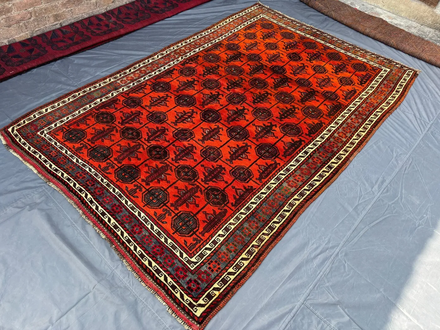 5'2 x 9'9 ft Vintage Afghan Baluchi Fine Rug | Red Orange Brown Geometric Hand-Knotted Oriental Wool Carpet Soft Pile Area Rug | Outdoor Rug