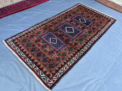 Vintage Afghan Hand-Knotted Rug | Orange Green Brown Geometric Tribal Fine Wool Carpet | Soft Pile Rare Rug | 