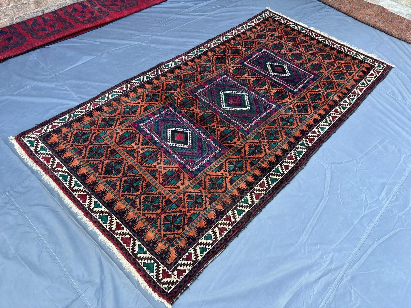 Vintage Afghan Hand-Knotted Rug | Orange Green Brown Geometric Tribal Fine Wool Carpet | Soft Pile Rare Rug | Oriental Area Rug | Floor Rug