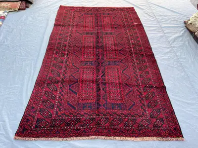 5x8'3 ft Vintage Afghan Baluchi Hand Knotted Wool Rug Deep Red Navy Geometric Panel Tribal Rug Living Room Bed
