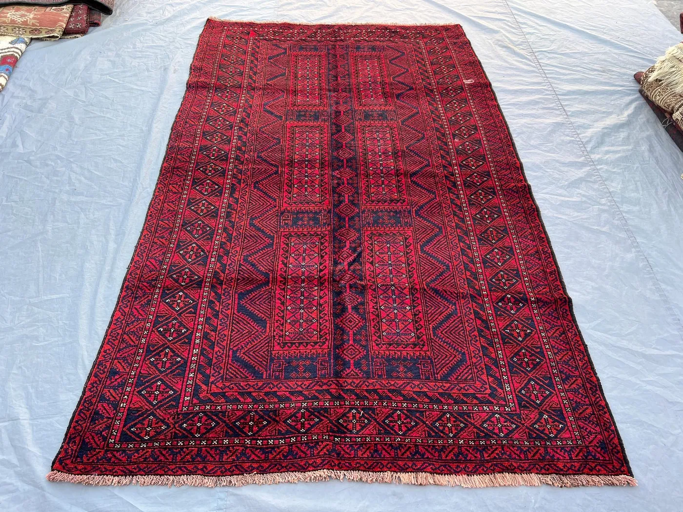 5x8'3 ft Vintage Afghan Baluchi Hand Knotted Wool Rug Deep Red Navy Geometric Panel Tribal Rug Living Room Bedroom Area Rug