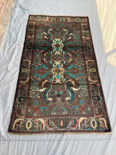 3'10x6'1 Ft Antique Afghan Wool Pile Rug Handwoven Geometric Medallion Dark Charcoal Teal Ivory Burgundy Area 