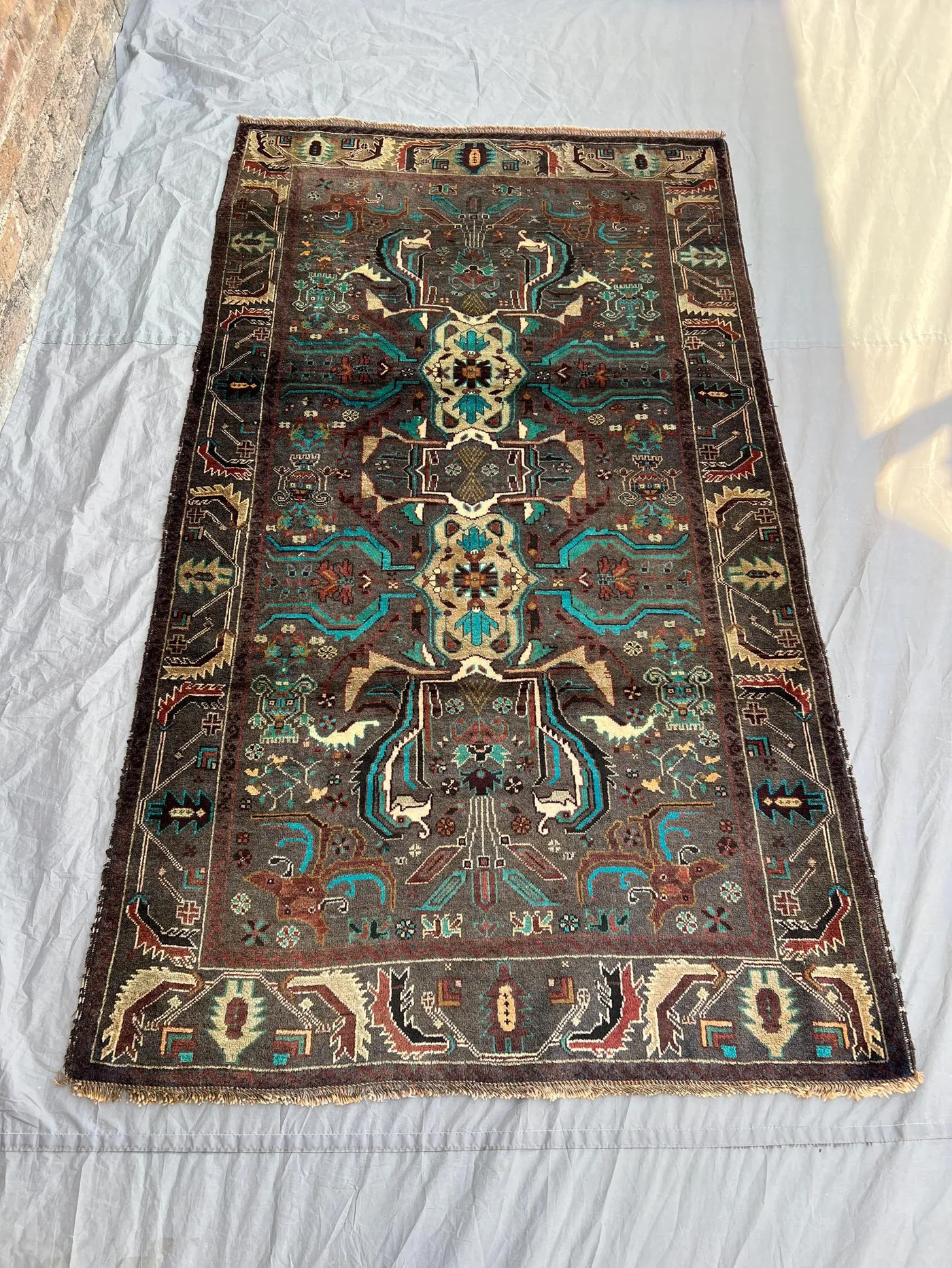 3'10x6'1 Ft Antique Afghan Wool Pile Rug Handwoven Geometric Medallion Dark Charcoal Teal Ivory Burgundy Area Rug | Living Room Bedroom