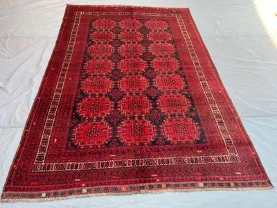 6'9x9'9 Ft Antique Afghan Turkmen Ersari Handknotted Soft Pile Large Area Rug, All-Over Flower Gul Deep Red Bl