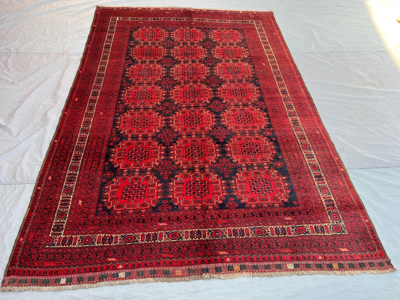 6'9x9'9 Ft Antique Afghan Turkmen Ersari Handknotted Soft Pile Large Area Rug, All-Over Flower Gul Deep Red Black Wool | Living Room Decor