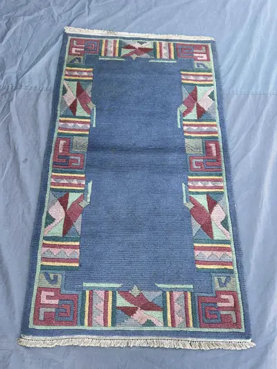 3x5 Vintage Afghan Hand Knotted Pile Rug | Steel Blue Open Field Geometric Border Wool Area Rug | Boho Living 