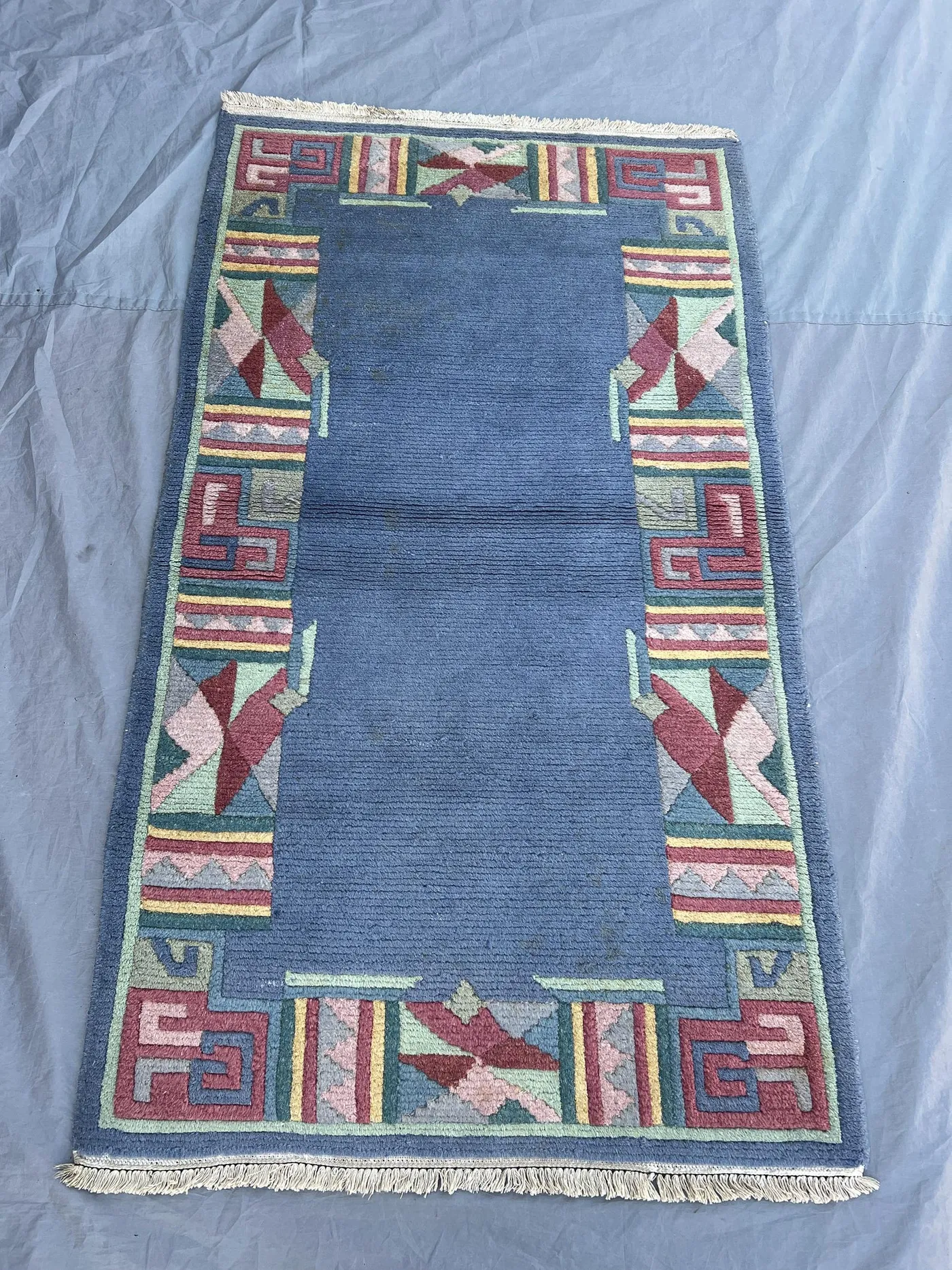 3x5 Vintage Afghan Hand Knotted Pile Rug | Steel Blue Open Field Geometric Border Wool Area Rug | Boho Living Room, Bedroom, Entryway Accent