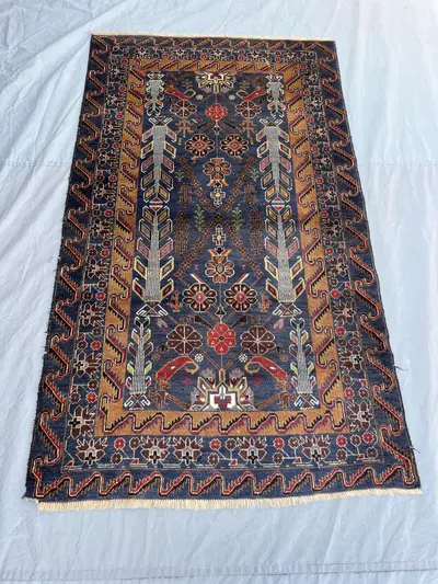 3'10x6'9 Ft Vintage Afghan Baluchi Prayer Rug Handknotted Medium Pile, Floral Mihrab Navy Gold Wool Area Rug |
