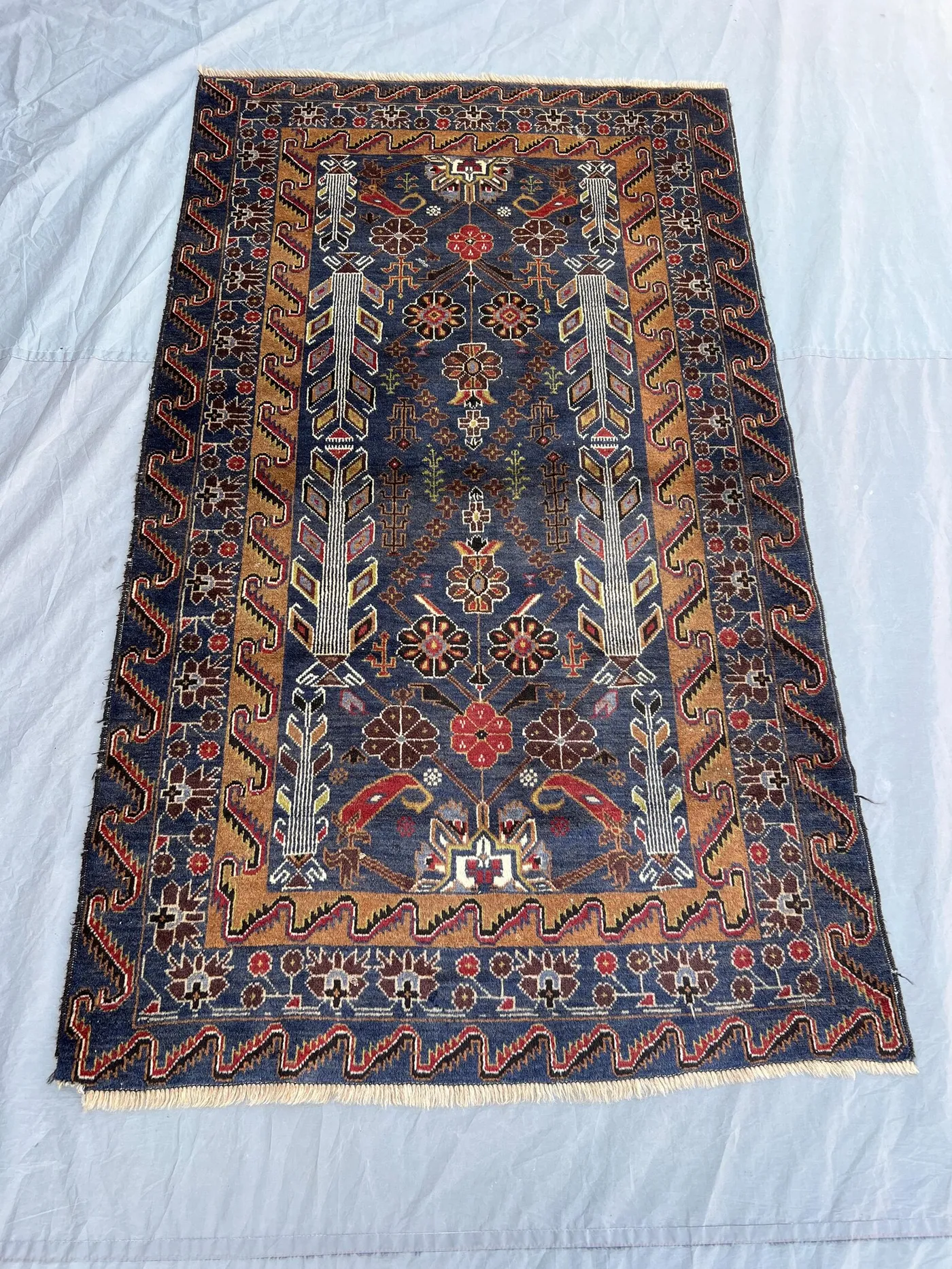 3'10x6'9 Ft Vintage Afghan Baluchi Prayer Rug Handknotted Medium Pile, Floral Mihrab Navy Gold Wool Area Rug | Bedroom Boho Decor