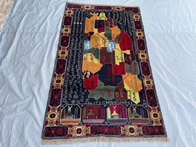 3'6x6 Ft Vintage Afghan Map Rug Navy Multicolor Hand Knotted Wool Pile Pictorial Area Rug | Living Room Collec