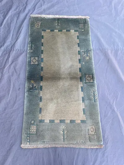 2'4x4'7 Ft Vintage Afghan Hand Knotted Pile Rug | Sage Green Ivory Open Field Botanical Border Wool Rug | Bedr