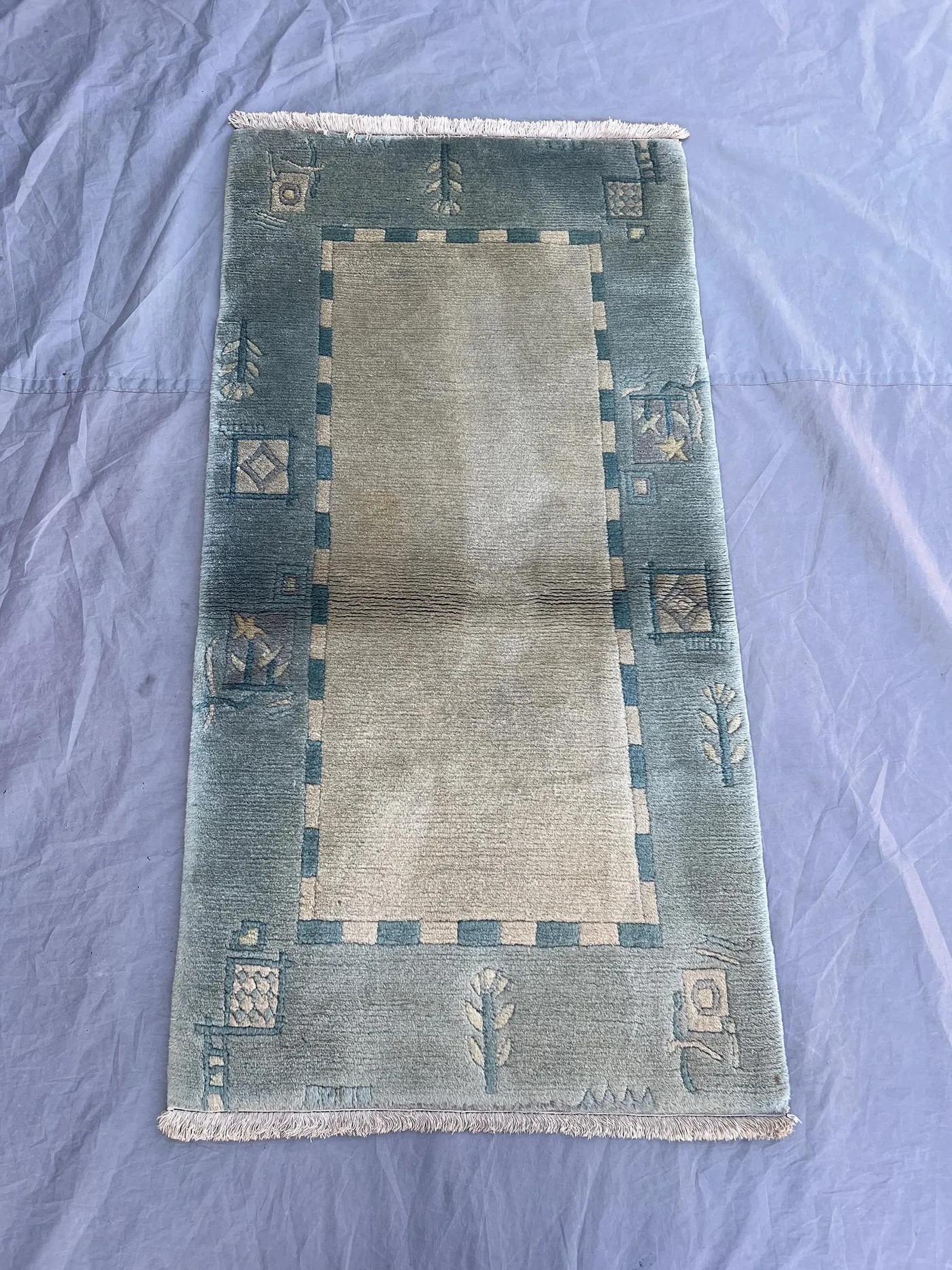 2'4x4'7 Ft Vintage Afghan Hand Knotted Pile Rug | Sage Green Ivory Open Field Botanical Border Wool Rug | Bedroom, Entryway
