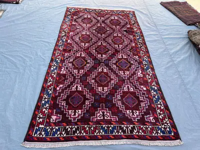 4'6"x8'3" Vintage Afghan Hand-Knotted Rug – Geometric Red & Blue Design, Tribal Motifs, Handmade, Boho Home De