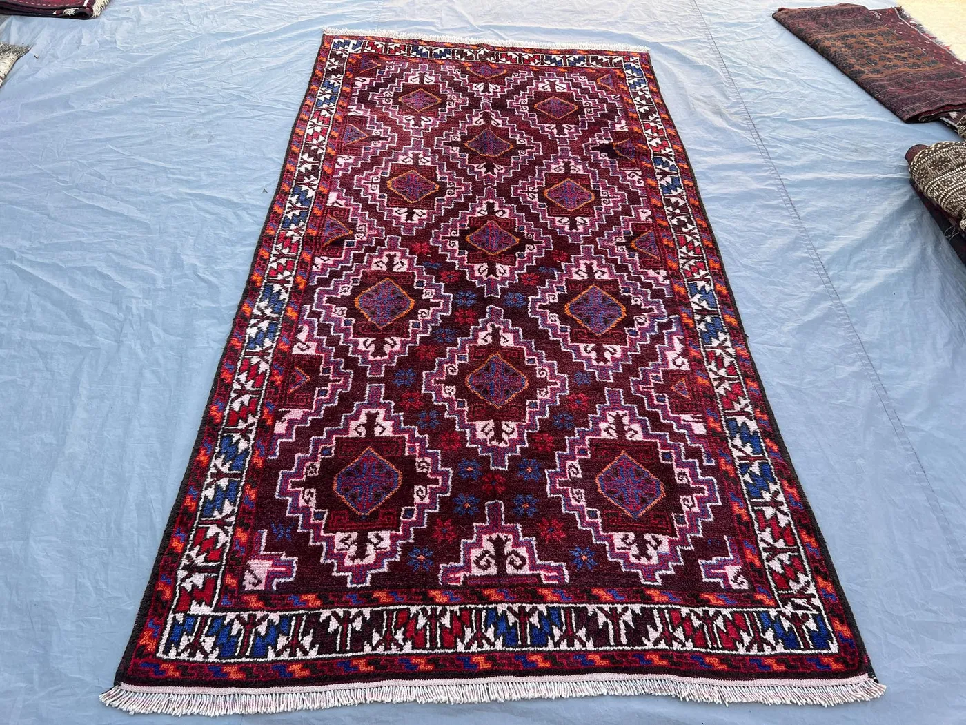 4'6"x8'3" Vintage Afghan Hand-Knotted Rug – Geometric Red & Blue Design, Tribal Motifs, Handmade, Boho Home Decor, Cozy Living Room