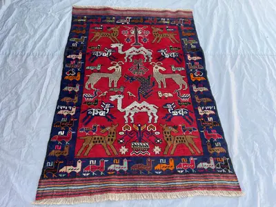 4x5'8 Ft Vintage Afghan Hand Knotted Pile Rug | Red Tribal Animal Camel Deer Bird Wool Area Rug | Boho Living 