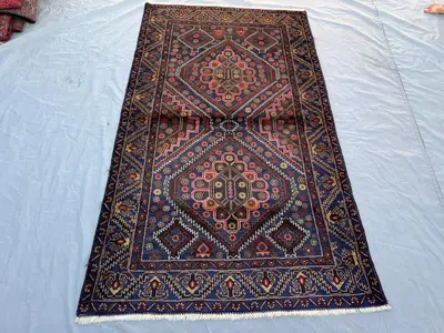 3'10x6'9 ft Vintage Afghan Baluchi Hand Knotted Wool Rug Navy Blue Double Diamond Floral Medallion Tribal Rug 