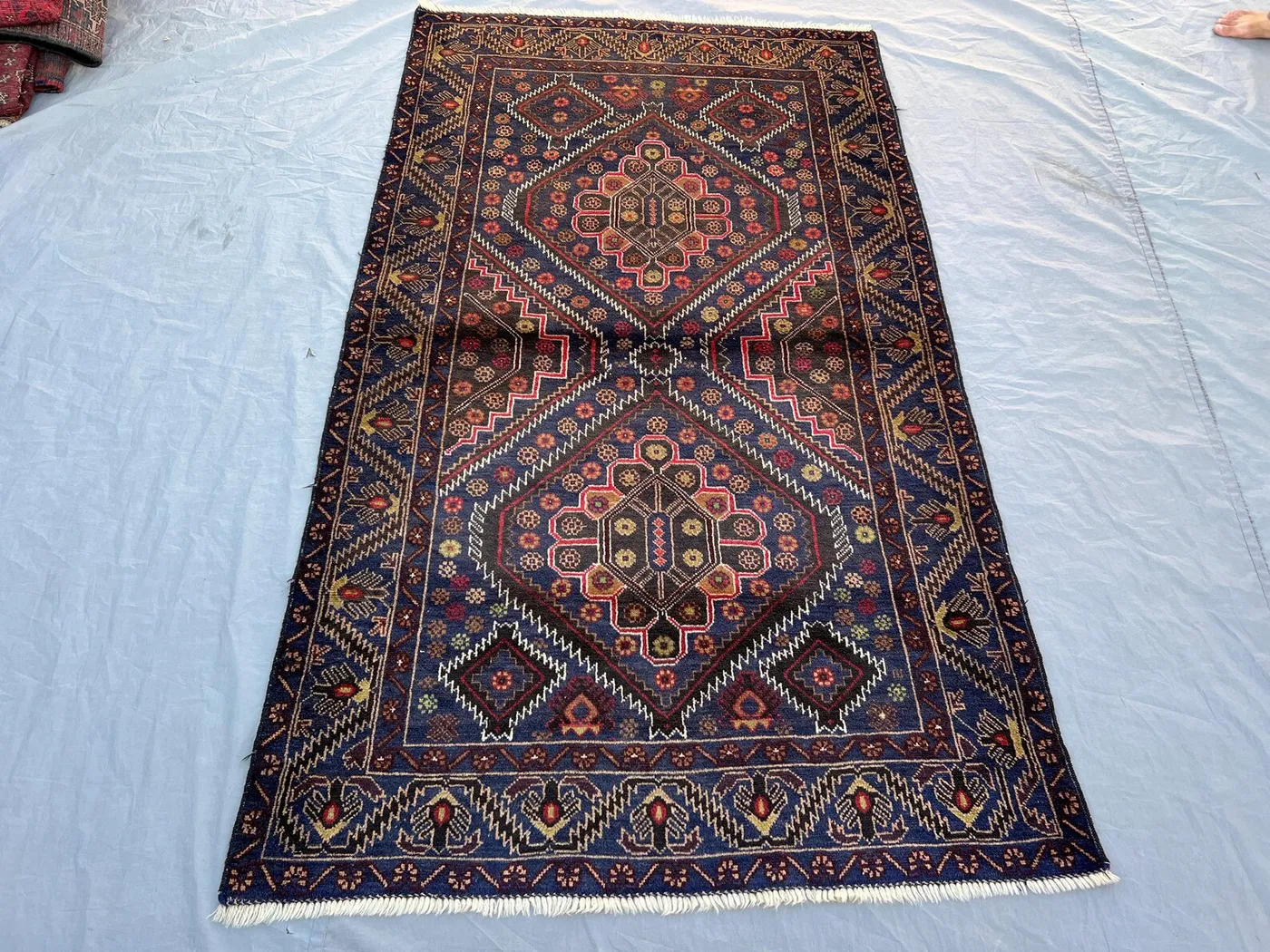 3'10x6'9 ft Vintage Afghan Baluchi Hand Knotted Wool Rug Navy Blue Double Diamond Floral Medallion Tribal Rug Living Room Bedroom