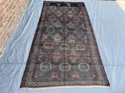 4'8×9'5 ft Vintage Afghan Ersari Rug Handwoven Tribal Wool Rug with Allover Octagonal Gul Medallion & Geometri