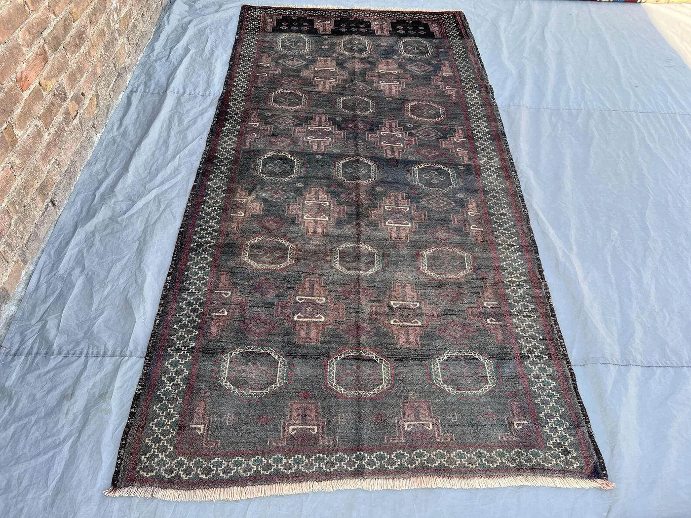 4'8×9'5 ft Vintage Afghan Ersari Rug Handwoven Tribal Wool Rug with Allover Octagonal Gul Medallion & Geometric Cross Design Living Room