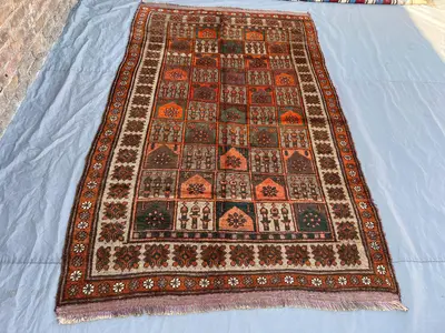5'4x8'6 ft Vintage Afghan Wool Rug, Handmade Knotted Area Rug, Tribal Garden Design Carpet, Brown Orange Rug, 