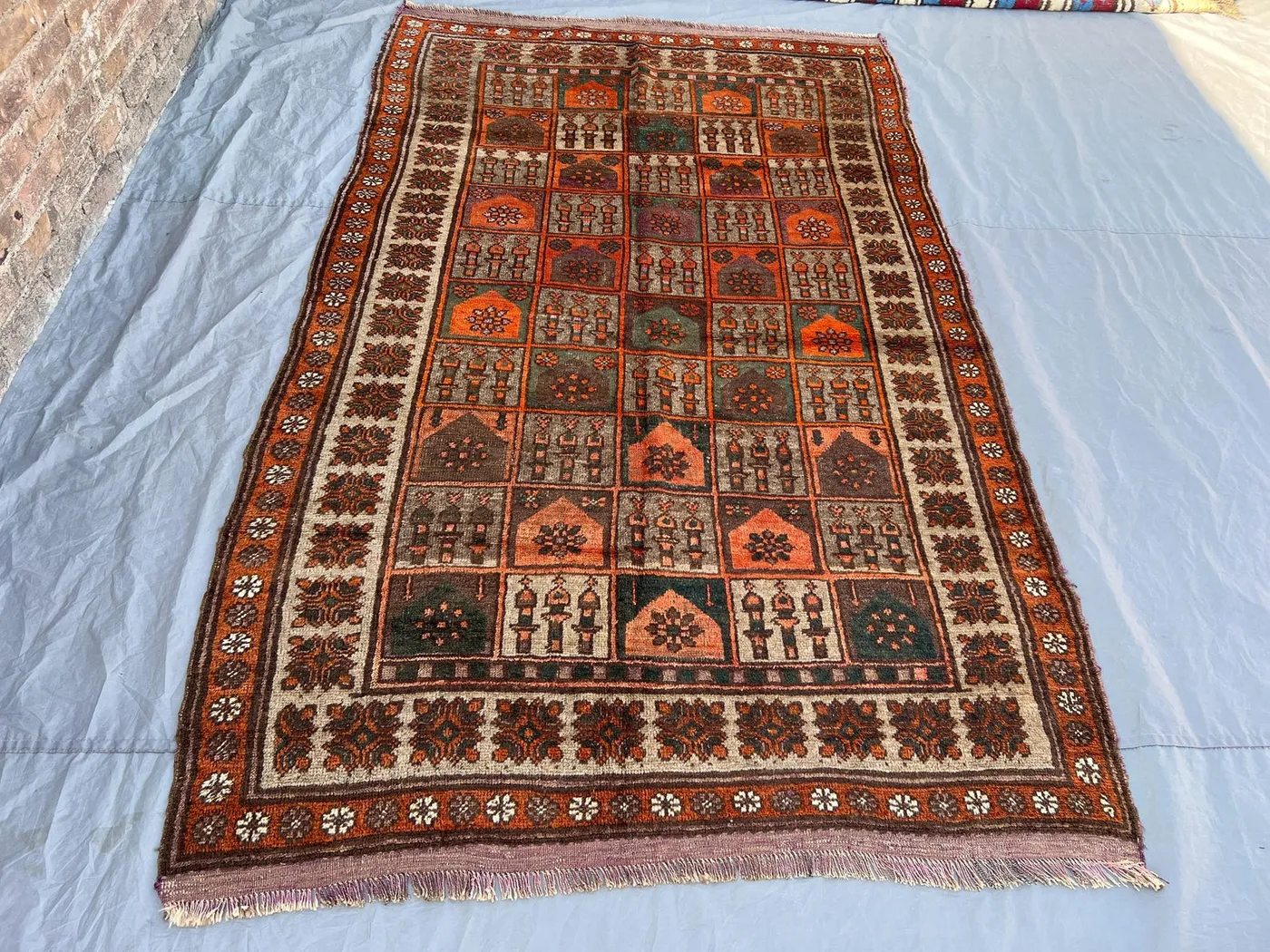 5'4x8'6 ft Vintage Afghan Wool Rug, Handmade Knotted Area Rug, Tribal Garden Design Carpet, Brown Orange Rug, Boho Living Room Decor