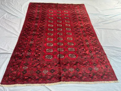 6'10x9'6 Antique Afghan Turkoman Wool Pile Rug Hand-Knotted All-Over Elephant Foot Deep Red Black Large Area R
