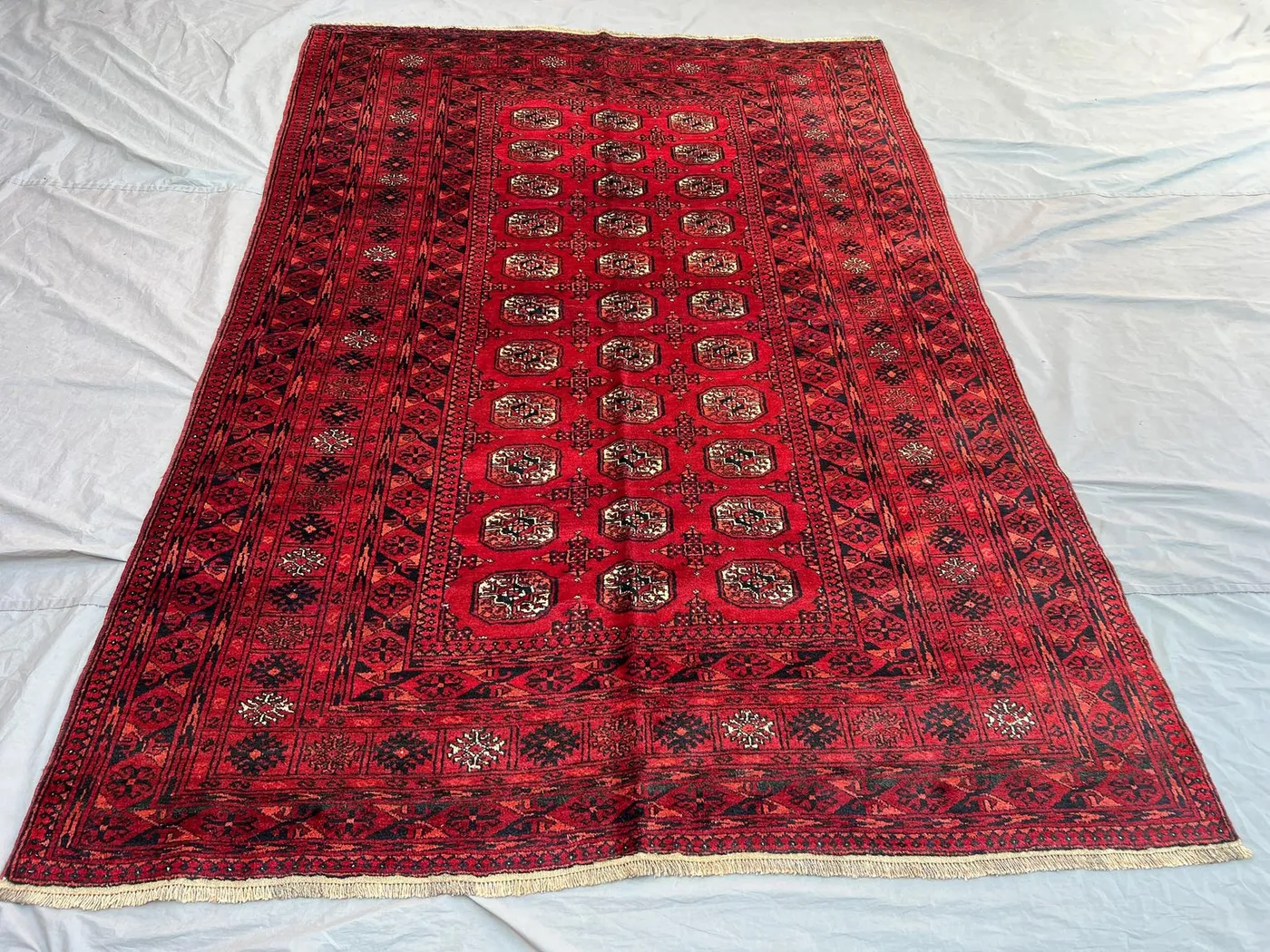 6'10x9'6 Antique Afghan Turkoman Wool Pile Rug Hand-Knotted All-Over Elephant Foot Deep Red Black Large Area Rug | Living Room Dining Room
