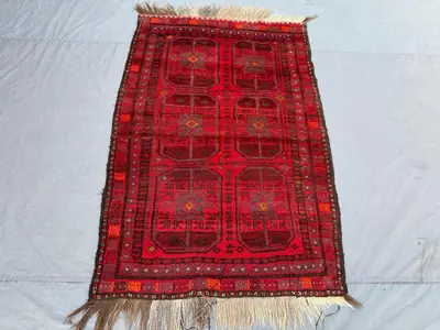 Red 3'9x6 ft Afghan Baluchi Vintage Hand-Knotted Wool Rug, Tribal Geometric Design, Luxury Area Rug for Living