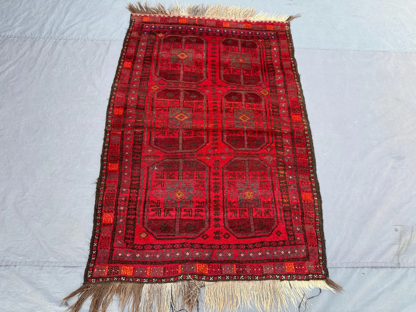 Red 3'9x6 ft Afghan Baluchi Vintage Hand-Knotted Wool Rug, Tribal Geometric Design, Luxury Area Rug for Living Room, Bedroom, Boho Decor
