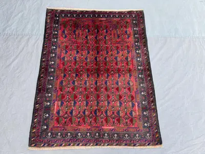 Red 3'4x4'2 ft Afghan Balochi Hand-Knotted Taimani Soft Pile Rug, Vintage Tribal Design, Luxury for Living Roo