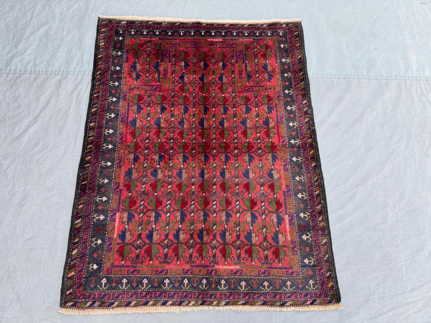 Red 3'4x4'2 ft Afghan Balochi Hand-Knotted Taimani Soft Pile Rug, Vintage Tribal Design, Luxury for Living Room, Bedroom, Boho Decor