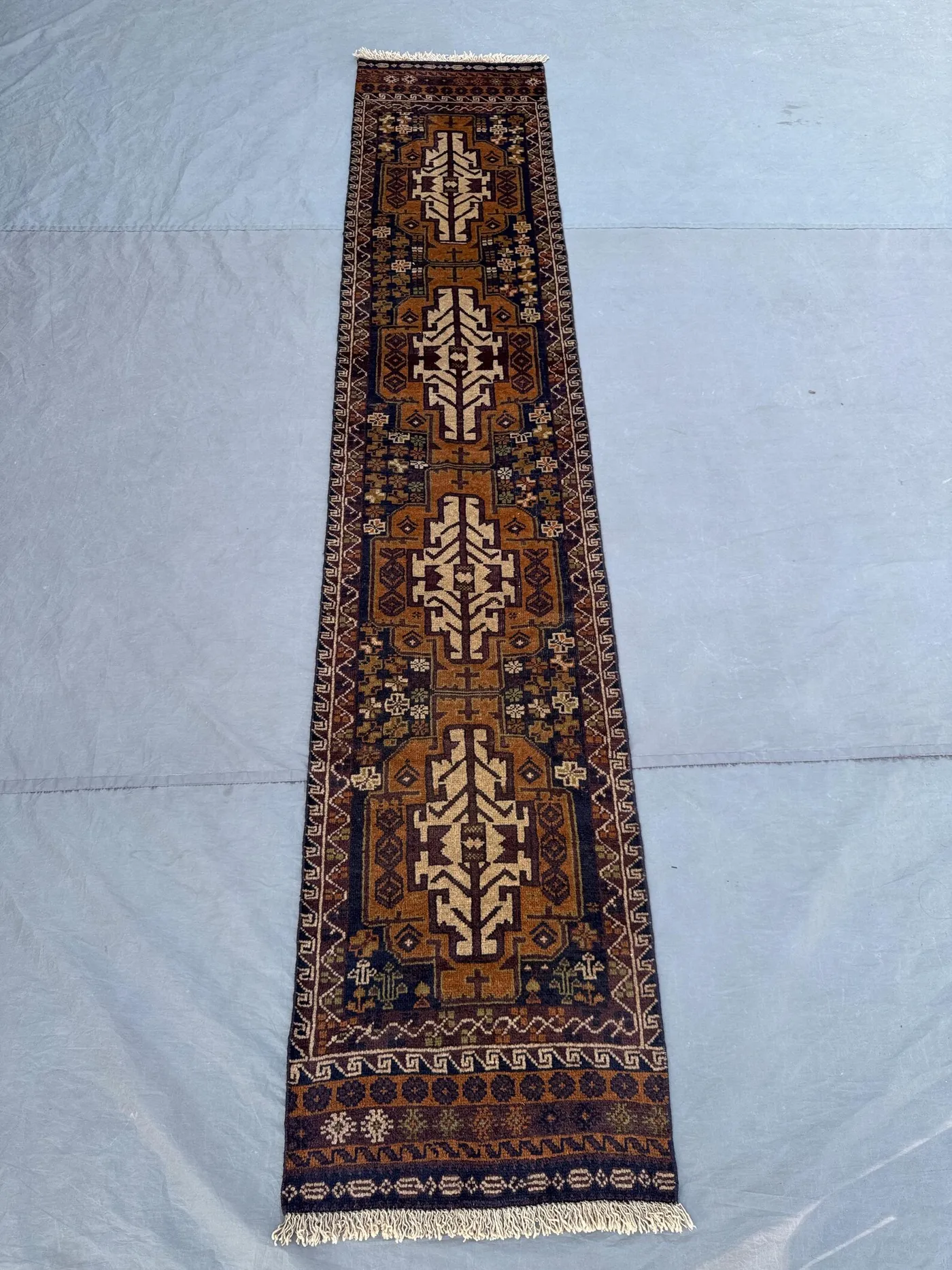 Brown 1.10x9.3 ft Afghan Balochi Handmade Wool Runner Rug, Vintage Soft Pile, Tribal Design, Luxury for Hallway, Entryway, Boho Decor
