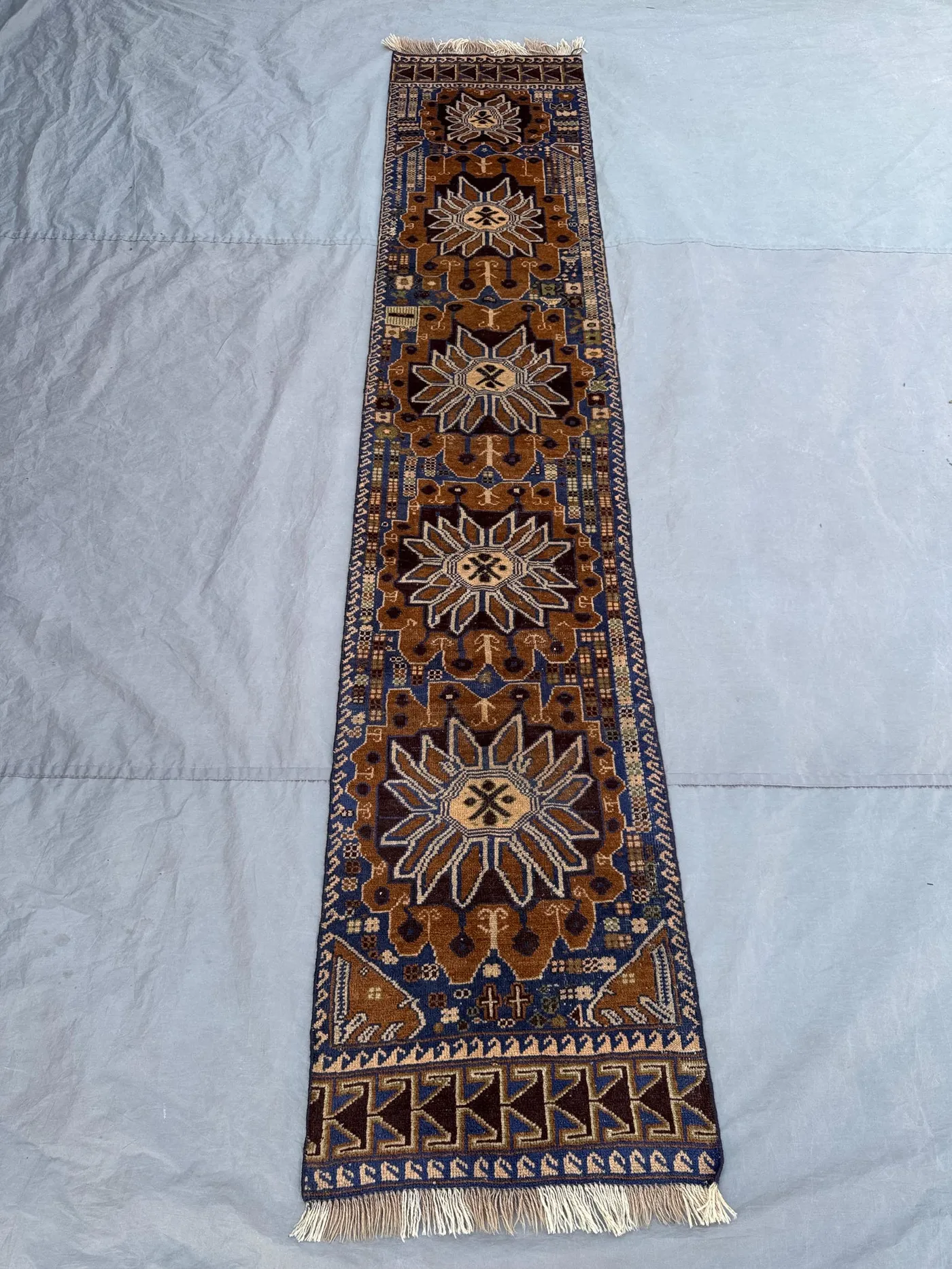 Brown 1.11x9.8 ft Afghan Handmade Vintage Soft Pile One of a Kind Runner Rug with Floral Design, Tribal, Luxury for Hallway, Entryway Decor