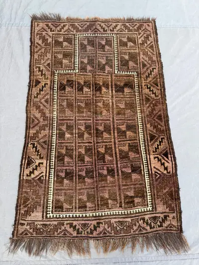 Antique Afghan Baluchi Prayer Rug, 2'11x4'6 ft (89x137 cm), Rare 1920s Handwoven, Soft Wool, Geometric Pattern