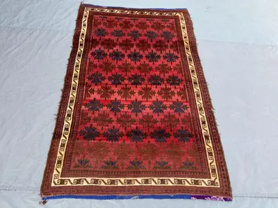 Vintage Afghan Baluchi Taimani Rug, 4x6'3 ft (122x191 cm), Handwoven, Rich Red and Blue, One-of-a-Kind, Soft W