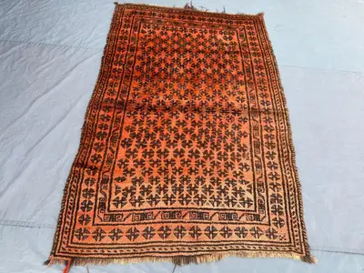 Afghan Baluchi Moroccan Style Rug, 4'8x7'1 ft (142x216 cm), Vintage Hand-Knotted, Rich Orange and Black, One-o