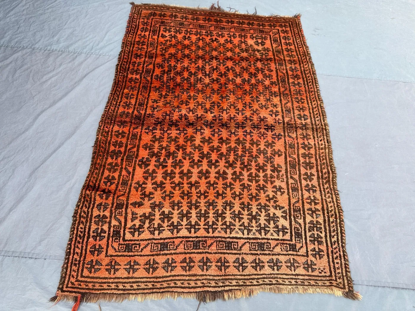 Afghan Baluchi Moroccan Style Rug, 4'8x7'1 ft (142x216 cm), Vintage Hand-Knotted, Rich Orange and Black, One-of-a-Kind Wool Rug