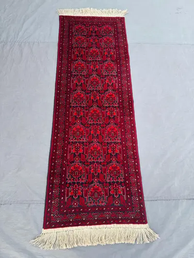 Red 2'3x6'6 ft Turkmen Ersari Handmade Vintage Wool Runner Rug, Floral Tribal Design, Luxury for Kitchen, Hall